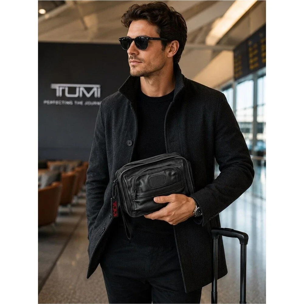 TUMI Men’s Organizer Clutch Black Leather Travel Toiletry Bag Wristlet VTG 995D